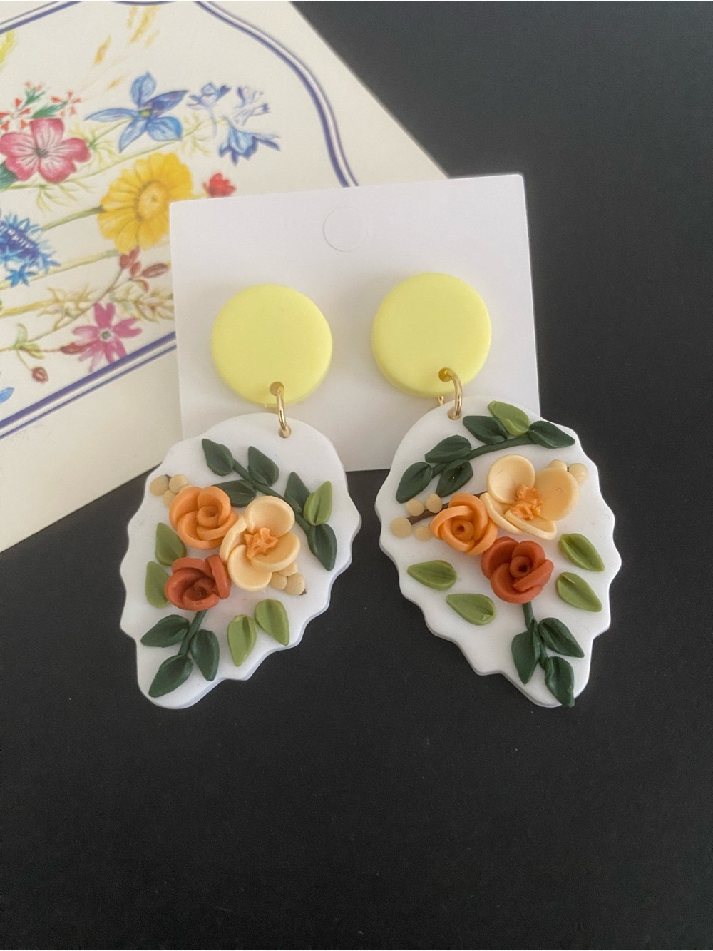 Yellow and White Floral Polymer Clay Earrings